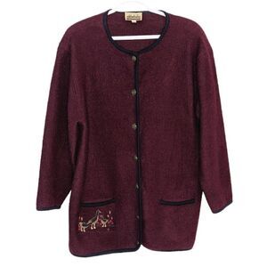 Vintage embroidered burgundy red wool cardigan shacket Medium @X